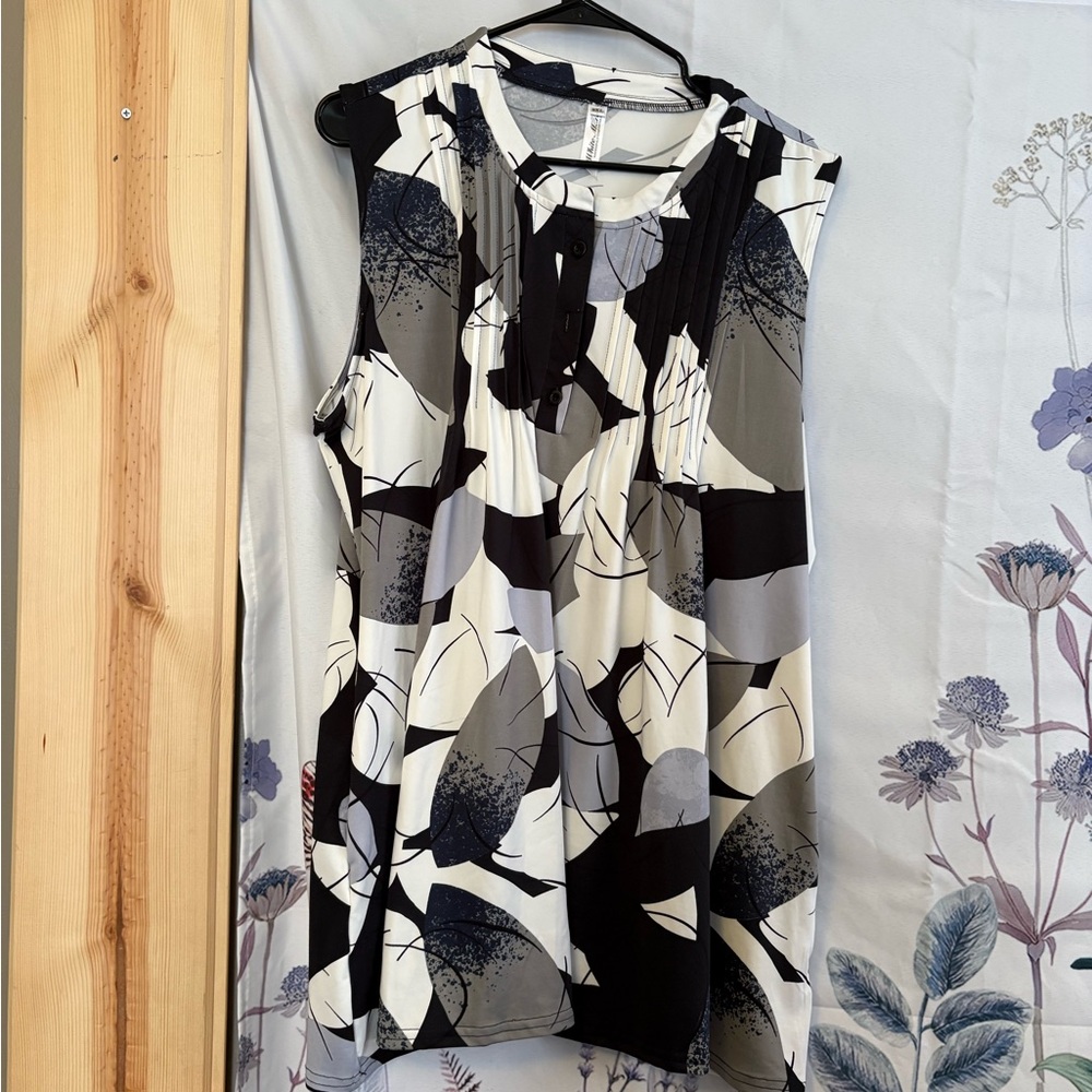 White Mark Sleeveless Abstract Blouse - Black, White, Gray